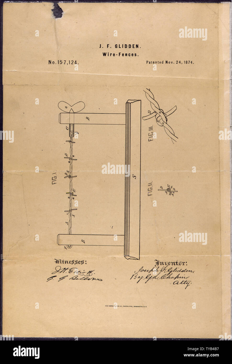 Patent Zeichnung Für Joseph F. Glidden Der Verbesserung Zu Stacheldraht;  Umfang Und Inhalt: Während Die Später Die Hälfte Des 19. Jahrhunderts Eine  Reihe Von Patenten Für Stacheldraht Sah, Es War Diese, Die