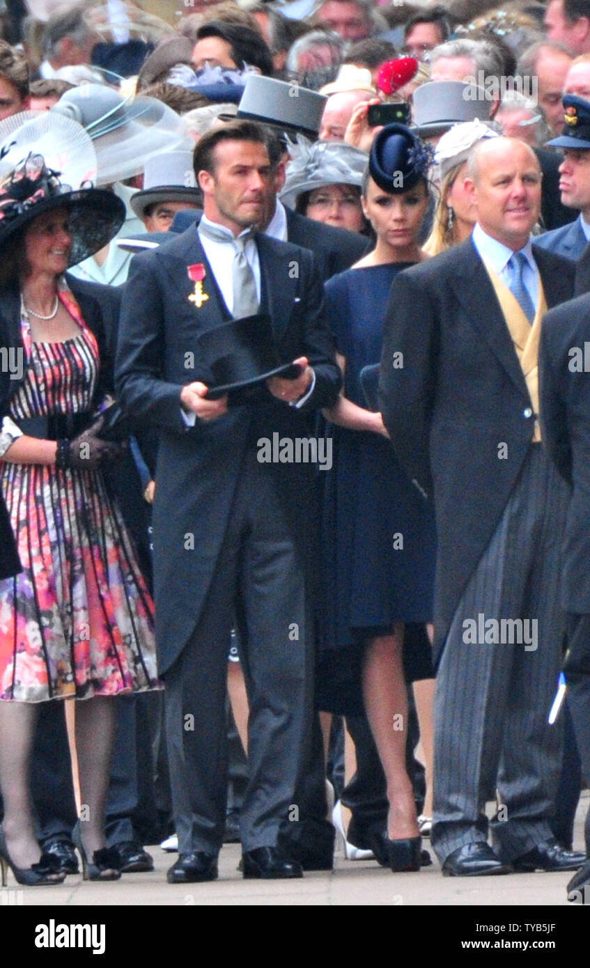 David und Victoria Beckham kommen für die königliche Hochzeit von Prinz William und Prinzessin Katharina von Westminster Abbey in London am 29. April 2011. UPI/Kevin Dietsch Stockfoto