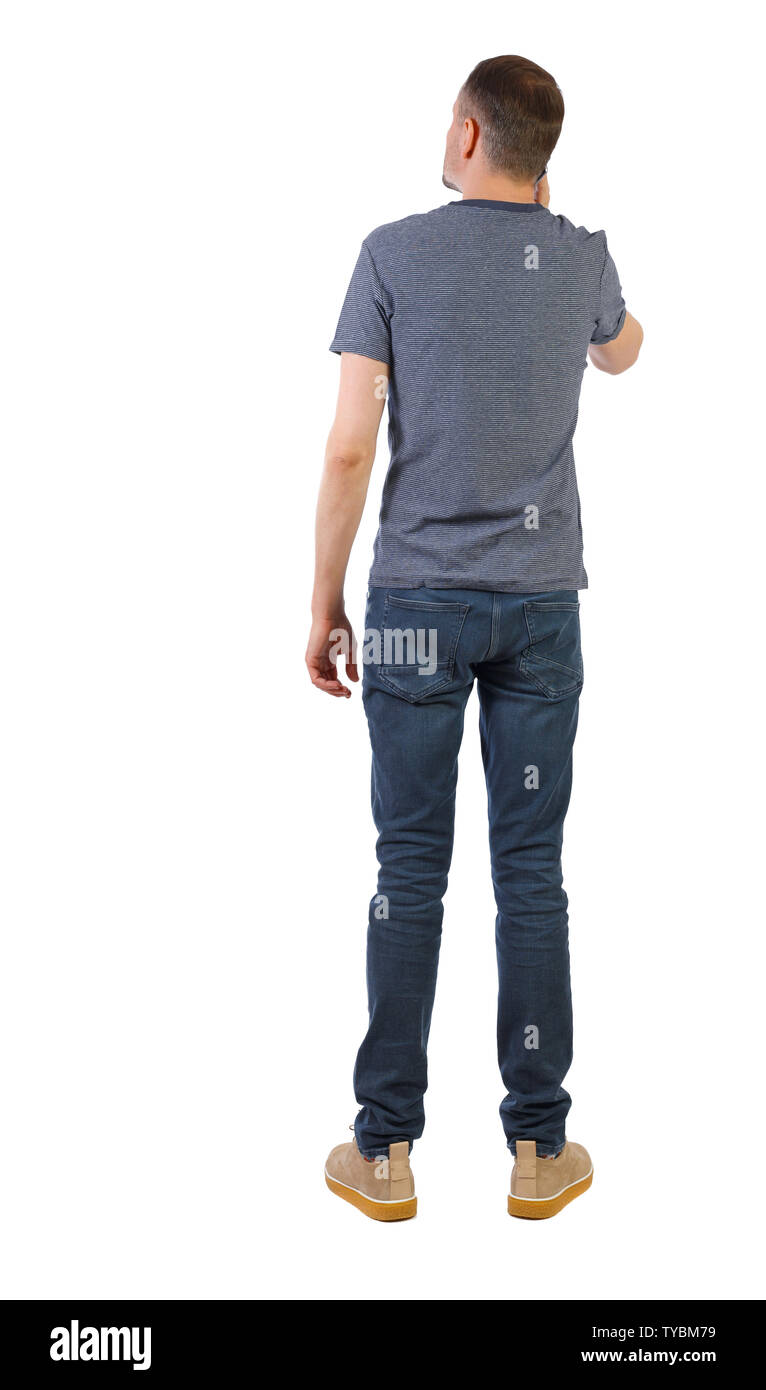 Ansicht Von Hinten Von Einem Mann Am Telefon Zu Sprechen Ruckseite Ansehen Der Person Der Kerl In Die Schuhe Schaut Nachdenklich Ansicht Von Hinten Leute Sammlung Isolierte Ov Stockfotografie Alamy