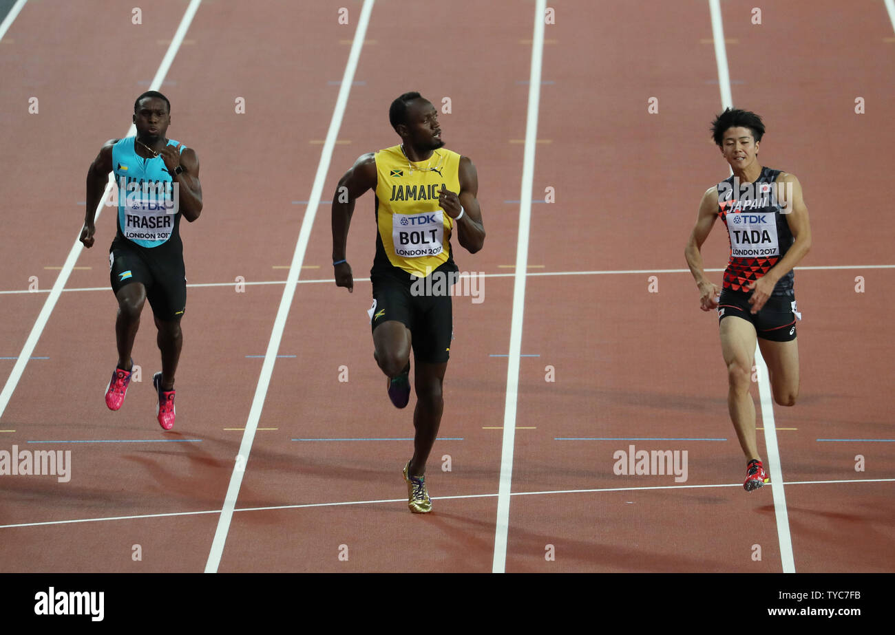 Jamaikaner Usain Bolt gewinnt seine Wärme in die 100 Meter im Jahr 2017 IAAF Leichtathletik WM im Olympischen Stadion, London am August 04, 2017. Schraube gewann in einer Zeit von 10.07 Sekunden. Foto von Hugo Philpott/UPI Stockfoto