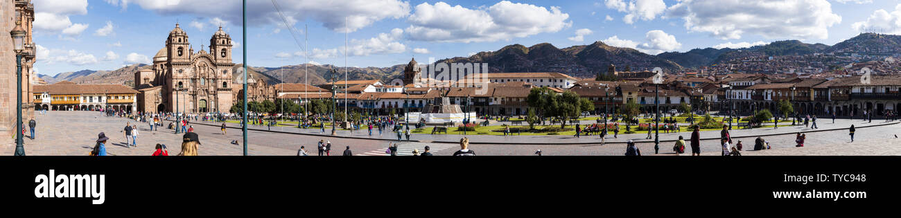 Panorama der Hauptplatz Plaza de Armas in Cusco, Peru, Südamerika, Stockfoto