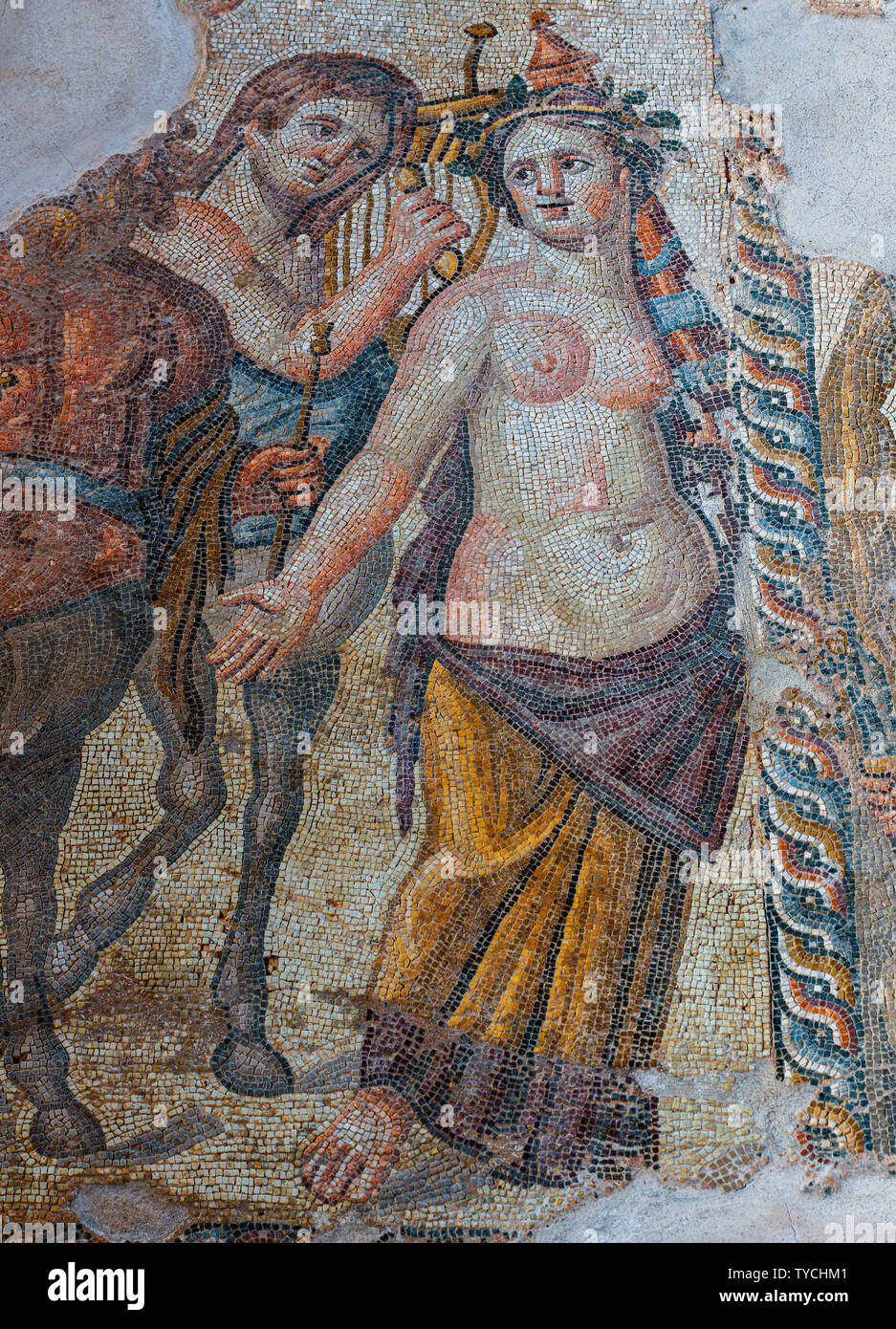 Mosaik, Dionysos-Zug, Zentaur und Maenad, Haus des Aion, Ausgrabungsstaette, Archaeologischer Park, Paphos, Zypern Stockfoto