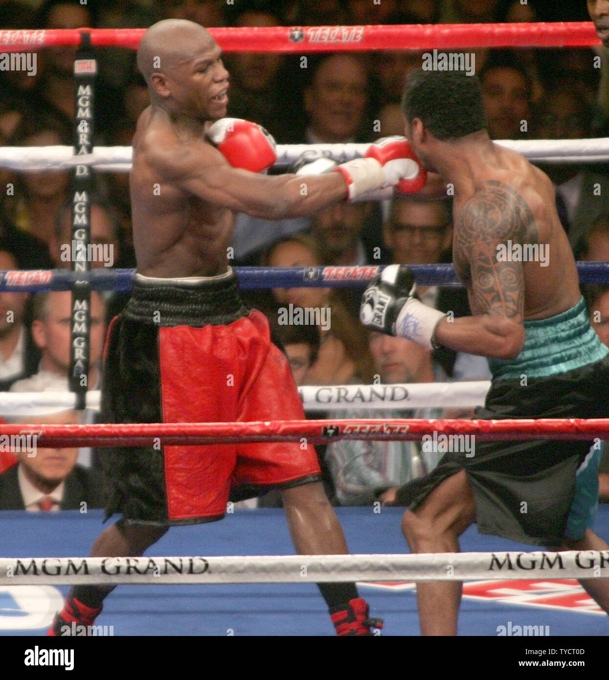 Floyd Mayweather (L) Boxen Shane Mosley während ihrem Kampf im MGM Grand in Las Vegas am 1. Mai 2010. UPI/Roger Williams Stockfoto