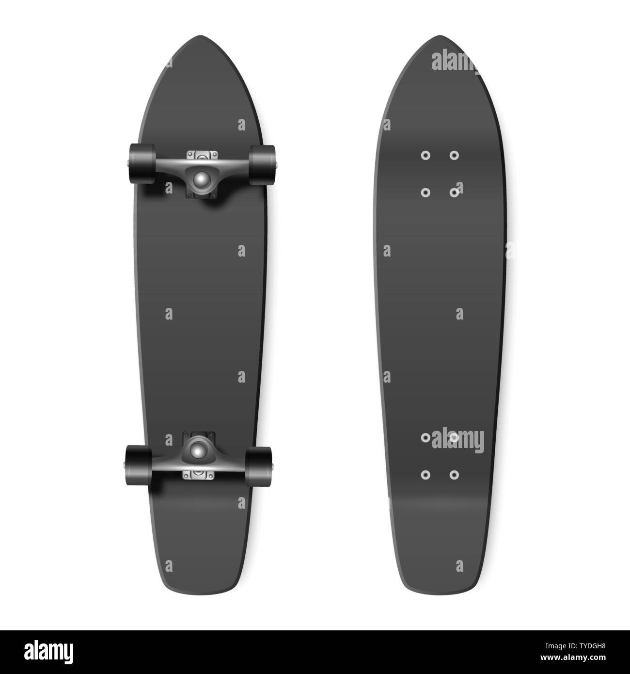 Skateboarden. Vektor realistische 3D-Rendern leeren schwarzen Skateboard Icon Set Closeup isoliert auf weißem Hintergrund. Design Template von Skate Board angezeigt Stock Vektor