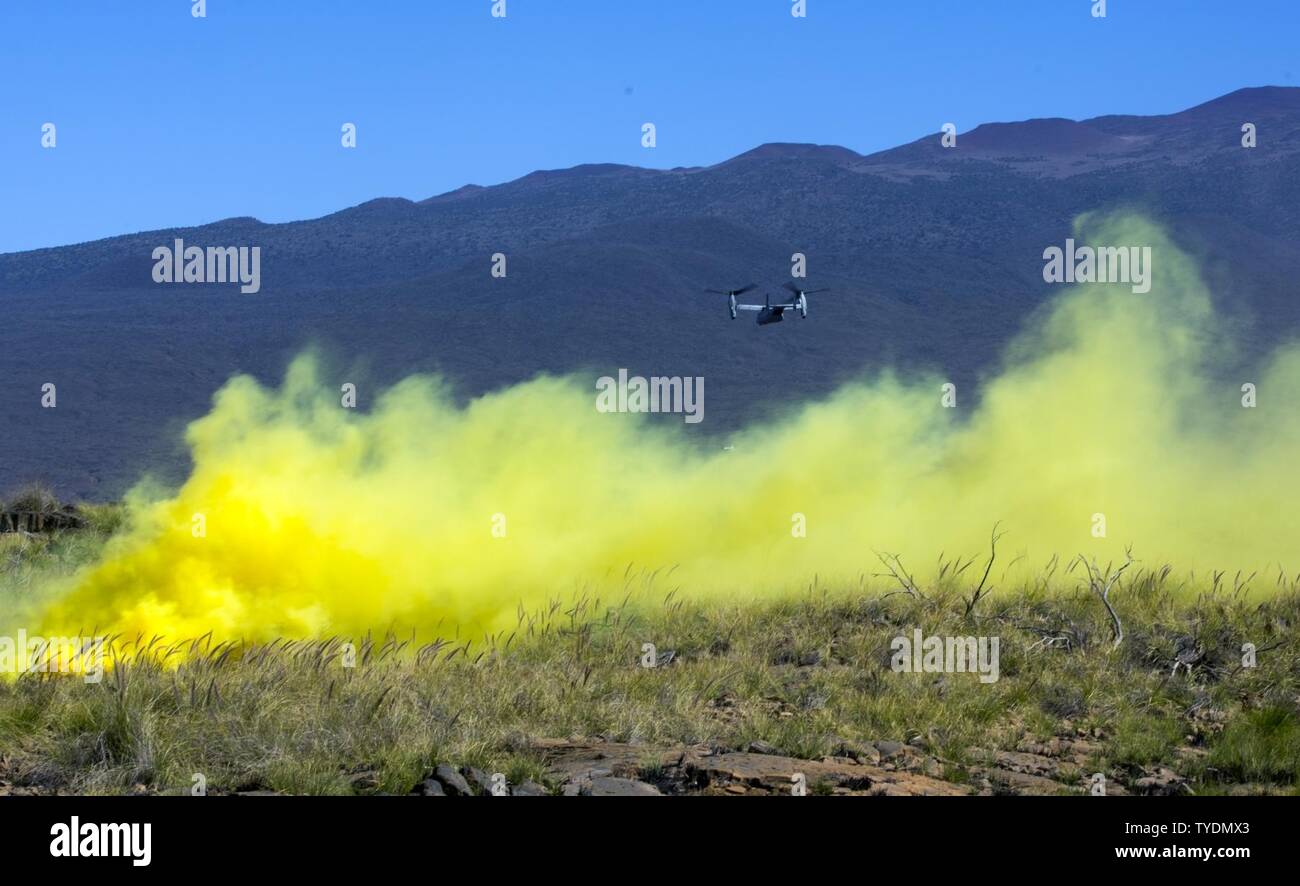 Eine MV-22 Osprey zu Marine Medium Tiltrotor Squadron 268 zugeordnet, nimmt nach dem Einlegen der Marines während eines Angriffs auf Training Area 17, Teil von Lava Viper 17.1, an Bord der Pohakuloa Training Area, auf der grossen Insel von Hawaii, November 2, 2016. Lava Viper ist eine jährliche kombinierte Waffen Training, dass Elemente wie Infanterie und Logistik integriert, mit indirekter Feuer von Artillerie sowie Unterstützung aus der Luft aus der Luft Element. Stockfoto