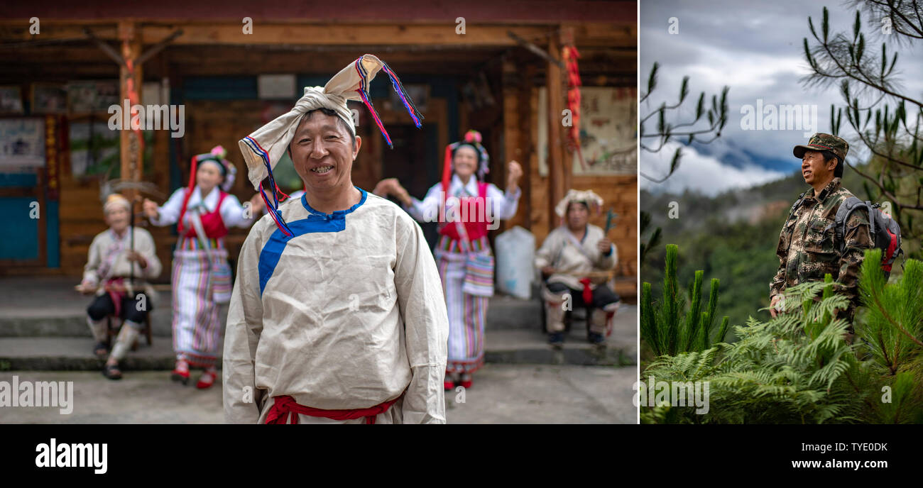 (190626) - Kunming, Juni 26, 2019 (Xinhua) - Combo Foto zeigt das Portrait von Chen Lijun, Nu ethnische Gruppe (L, Foto am 22. Juni 2019 übernommen) und Chen Patrouillen der Wald im Dorf Shuangla Gongshan Bingzhongluo County, County, im Südwesten der chinesischen Provinz Yunnan (R, Foto am 23. Juni 2019). Zhiguo Minderheiten sind spezielle Mitglieder der 56 ethnischen Gruppen in China. Der Begriff Zhiguo zu Minderheiten, die vor Modernisierung, relativ isoliert gelebt hatte und übersprang die Übergangszeit mit feudalen Monarchie verbunden bezieht. Yunnan ist eine große konzentrierten Bereich Zhiguo Minderheiten, Stockfoto