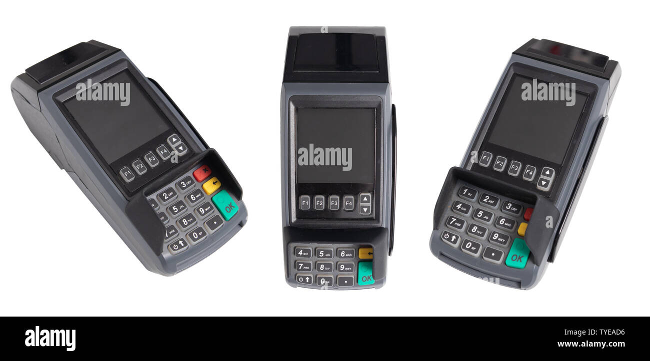 Point of Sale, Credit card reader Payment Terminal. Stellen der Credit card swipe Maschine von 3 Seite auf weißem Hintergrund mit Freistellungspfad Stockfoto