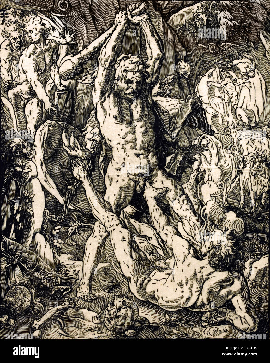 Herkules tötet Cacus Hendrick Goltzius 1558 - 1617 (Holzschnitt) in den Niederlanden, Deutschland, Holland. (In der römischen Mythologie, Cacus war ein Feuer speienden Riesen und der Sohn der Vulkanier. Er wurde von Hercules nach Terrorisiert den Aventin vor der Gründung von Rom getötet) Stockfoto