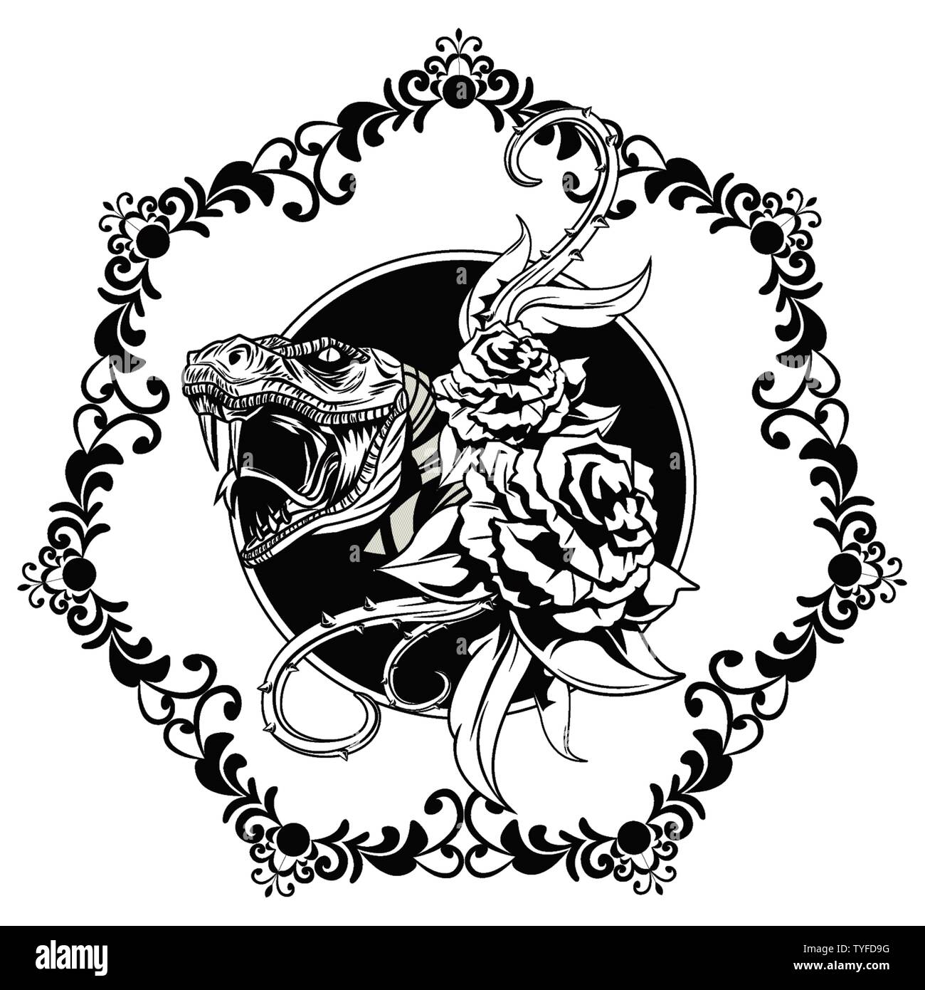 Schlange mit Rosen gezeichnet tattoo Symbol Stock-Vektorgrafik - Alamy