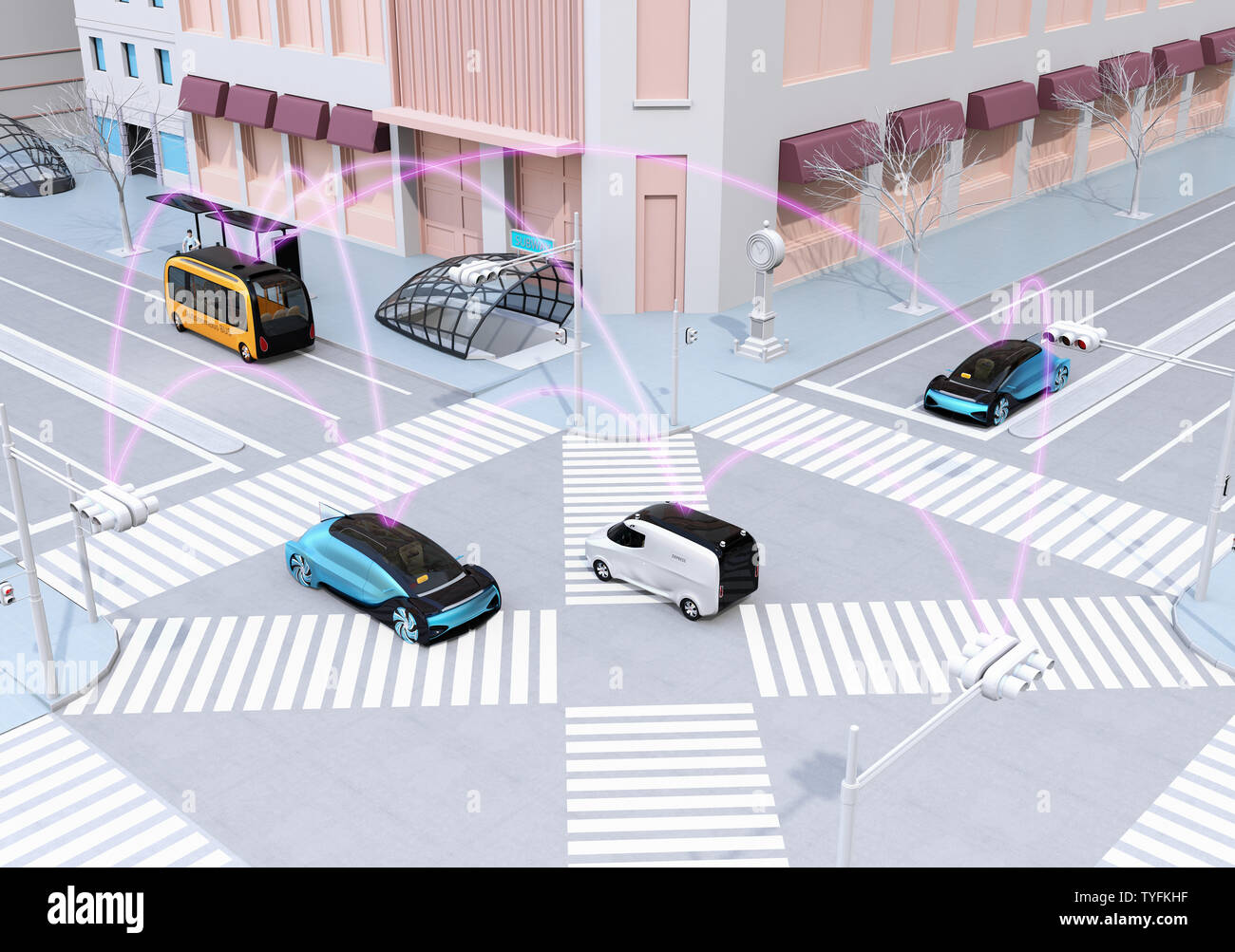 Selbst Fahrer Limousine, Transporter und Bus gegenseitig mit rosa Kurve verbunden. Autos Konzept verbunden. 3D-Rendering Stockfoto