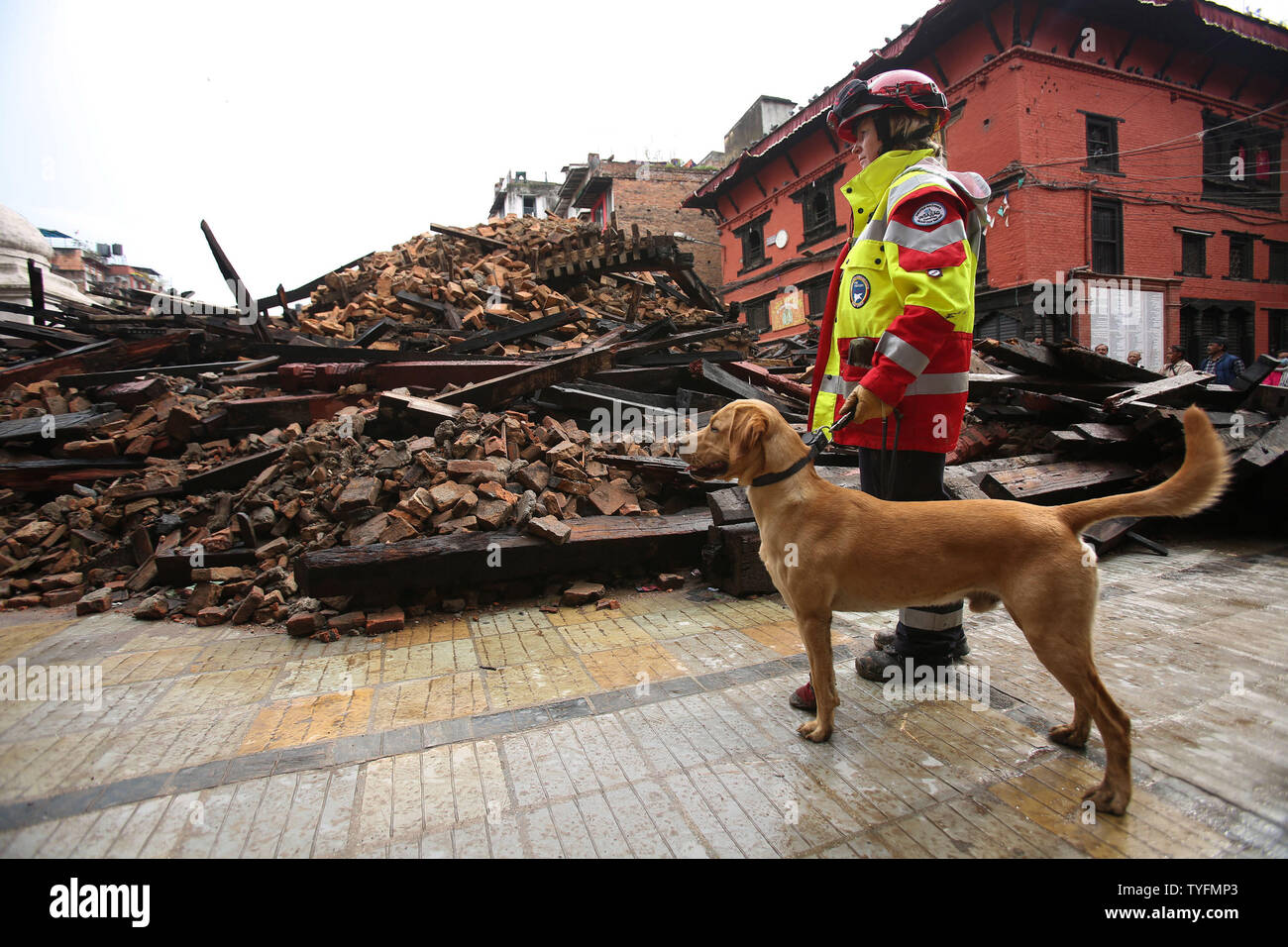 Eine Rettungsmannschaft Mitglied zusammen mit einem Rescue Dog Suche für die Opfer auf das kollabierte Tempel nach dem Erdbeben in Kathmandu, Nepal April 28, 2015 .. Vier Tage nach einem Monster Erdbeben getötet fast 4.500 Menschen. Foto von sanjog Manandhar/UPI Stockfoto