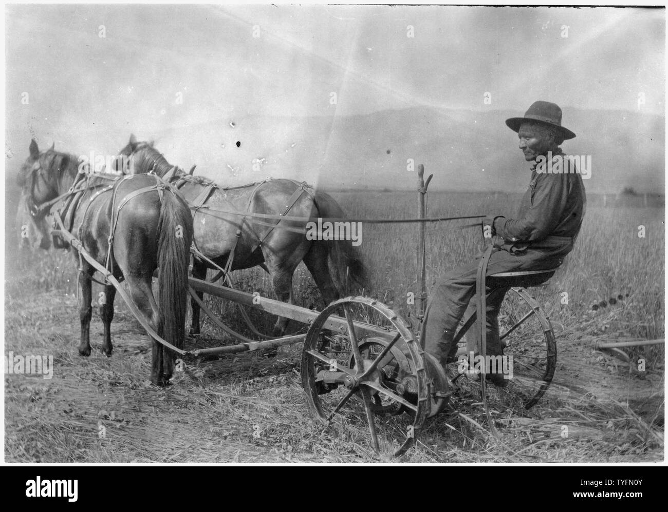 Pierre Joseph, am Mähwerk auf dem Feld von Louie Pierre. Pierre Joseph wird von Louie Pierre beschäftigt.; Umfang und Inhalt: Dieses Bild Dokumente Untersuchungen und Bau auf die verschiedenen Einheiten der Flathead Bewässerung Projekt. Das Projekt wurde initiiert, um Rechte zu ermitteln und zu Wasser auf dem Flathead Indian Agentur in Montana mit Ursprung sowohl Stammes- und nicht-Stammes- Land verteilen. Die Einrichtung der Reservierung im Jahr 1855 vorausgegangen Montana Staatlichkeit durch fast 35 Jahre und präsentiert viele Herausforderungen bei der Gründung senority und die gerechte Verteilung von Wasser für die Bewässerung der landwirtschaftlichen Betriebe Stockfoto