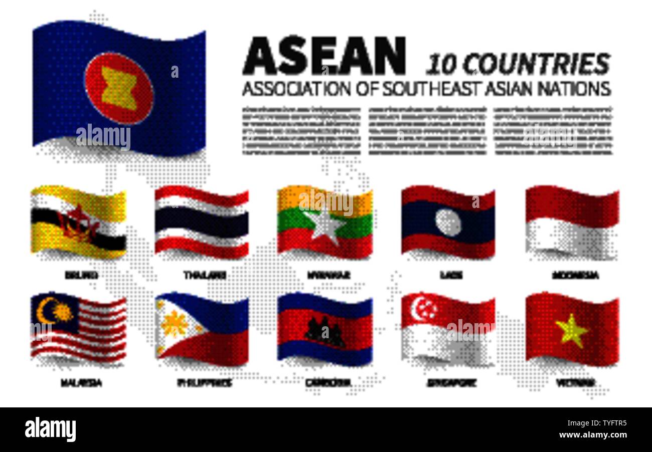 ASEAN. Verband der Südostasiatischen Nationen und Mitgliedschaft. Wehenden Fahnen Design. Südostasien Karte Hintergrund. Vektor. Stock Vektor