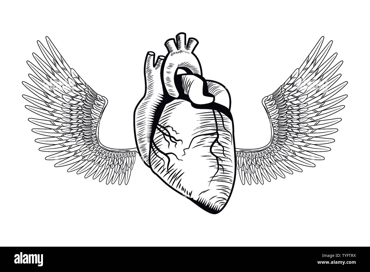 Realistische Herz Mit Flugel Gezeichnet Tattoo Symbol Stock Vektorgrafik Alamy
