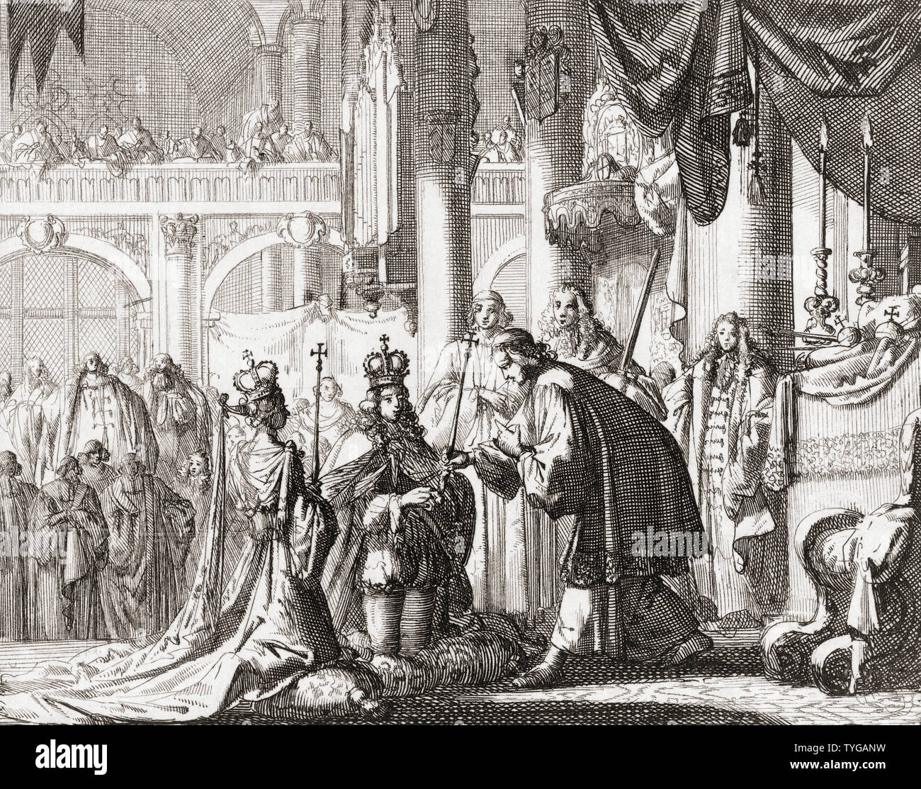 Krönung von König William III. und Königin Maria II., 11. April 1689. Nach einer Arbeit von Jan Luyken. Stockfoto