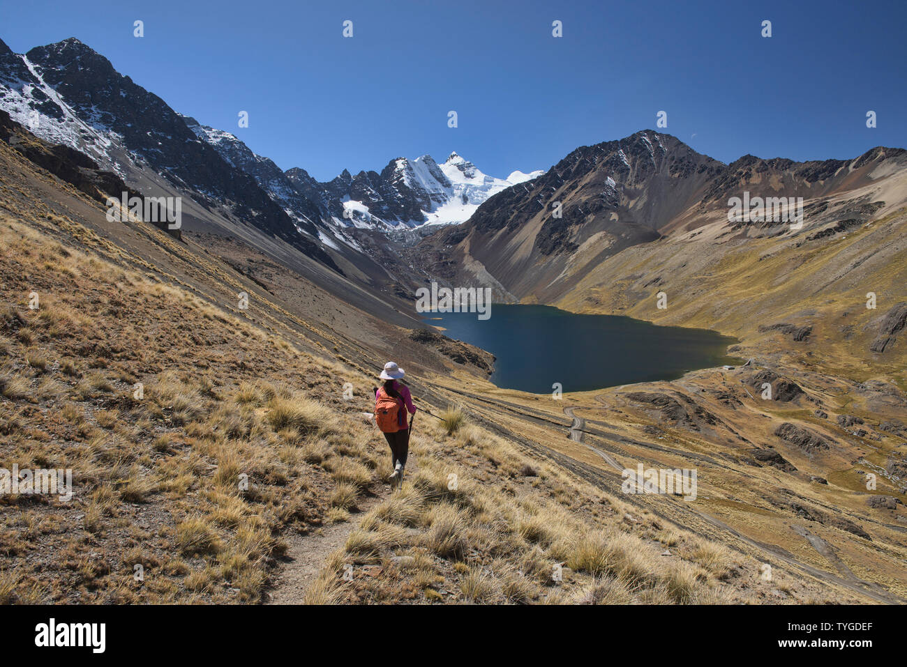 Anzeigen von Cabeza del Condor und Laguna Juri Khota auf die Cordillera Real Traverse, Bolivien Stockfoto