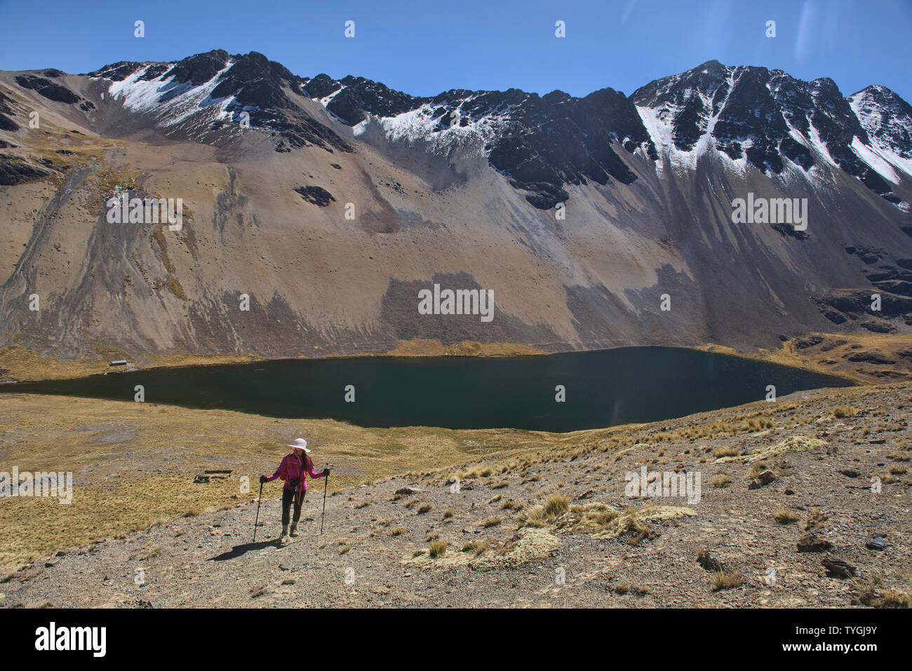 Trekking über Laguna (Laguna Janchallani Sistaña) auf die Cordillera Real Traverse, Bolivien Stockfoto