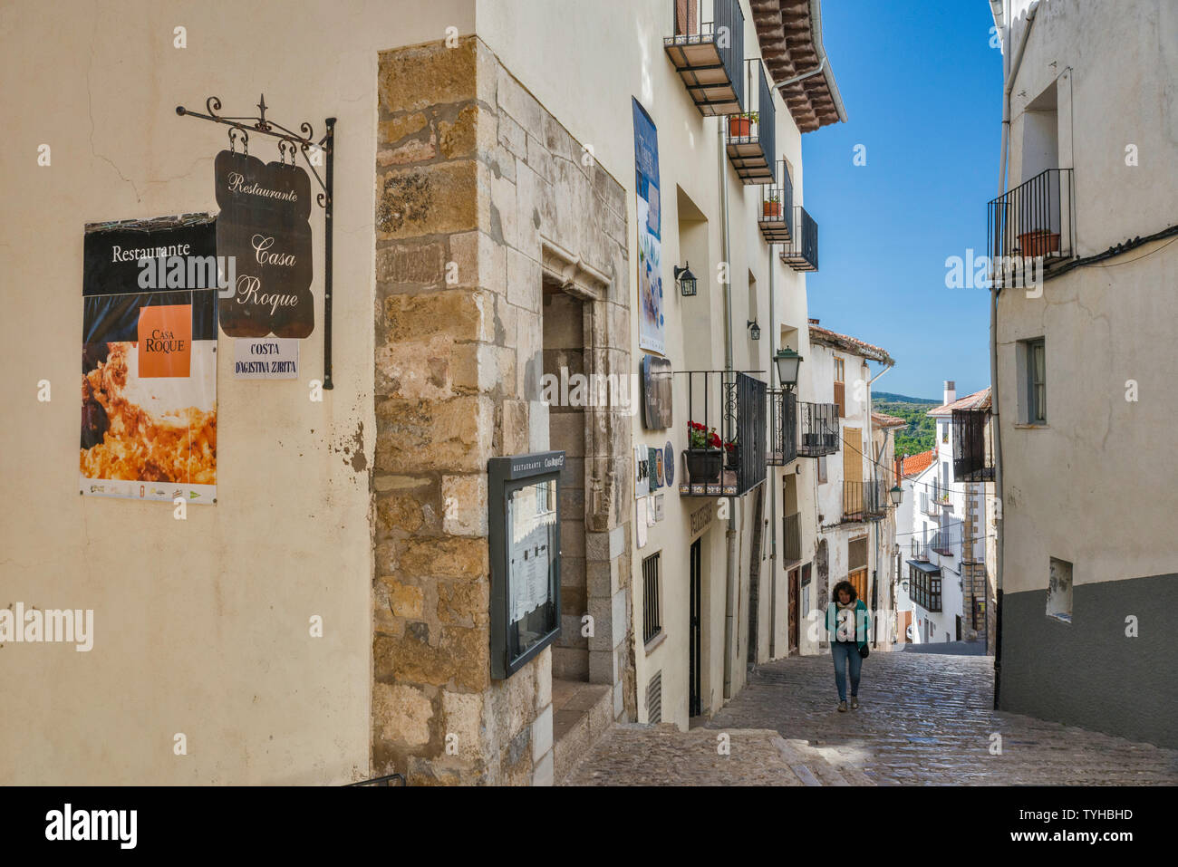 Straße in Morella, Maestrat Region, Provinz Castellón, Valencia, Spanien Stockfoto