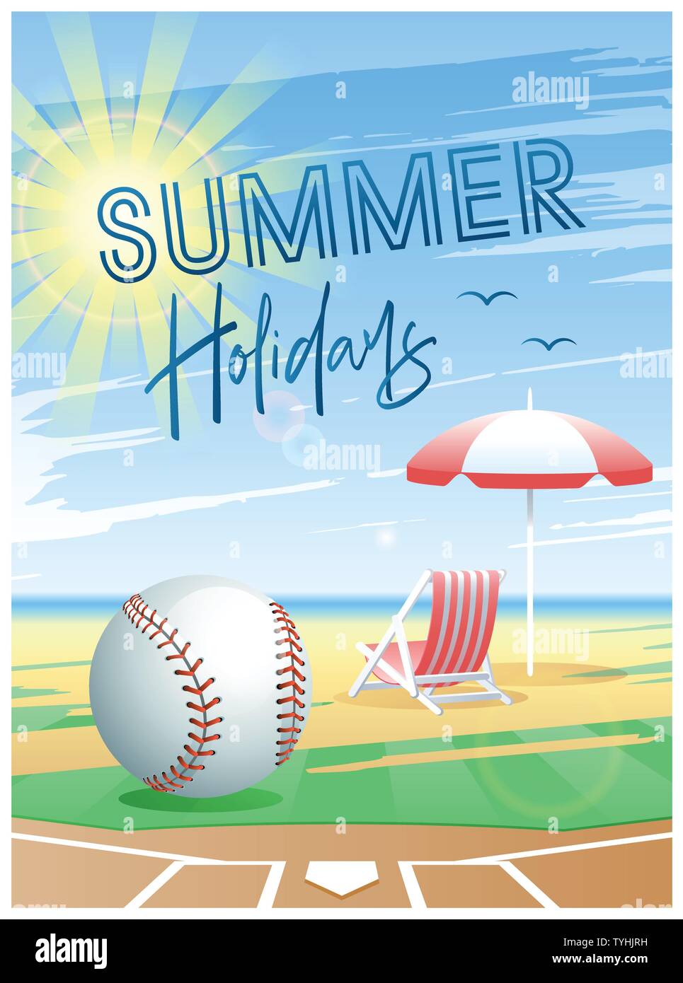 Sommerferien. Sommer Sport Karte. Baseball Ball mit Liegestuhl und Sonnenschirm am Strand Hintergrund. Vector Illustration. Stock Vektor