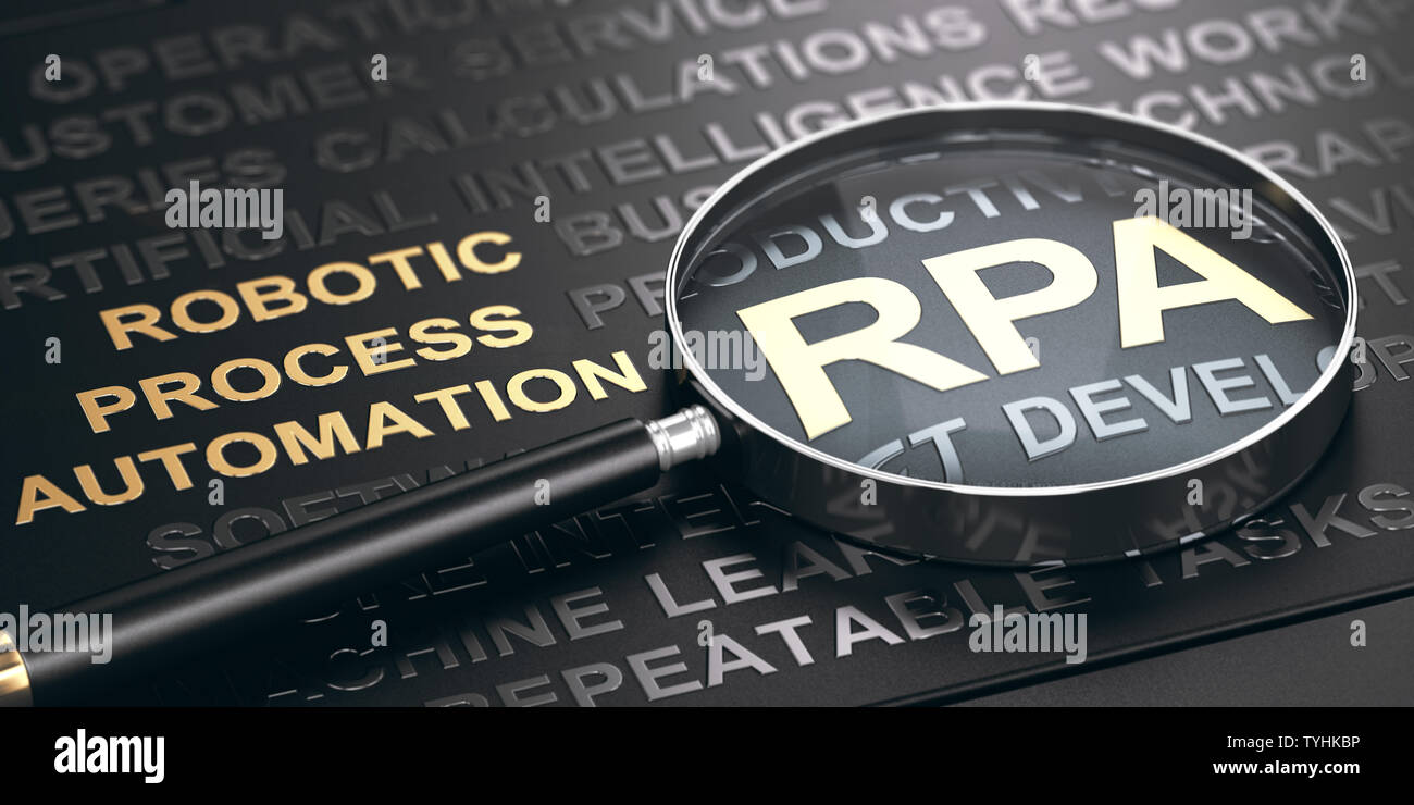 RPA, Accronym von Robotischen Prozessautomatisierung in goldenen Buchstaben auf schwarzem Hintergrund mit Lupe geschrieben. 3D-Darstellung. Stockfoto