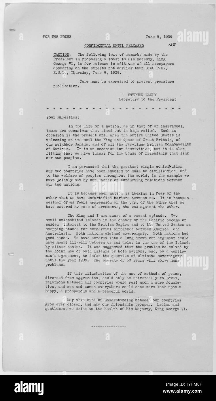 Erläuterungen des Präsidenten vorschlagen, einen Toast auf King George die Sechste von England Stockfoto