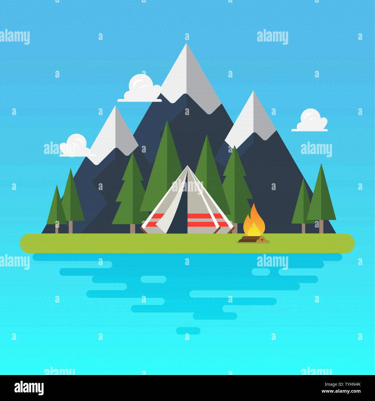 Camping Zelt mit Landschaft. Vector Illustration Stock Vektor
