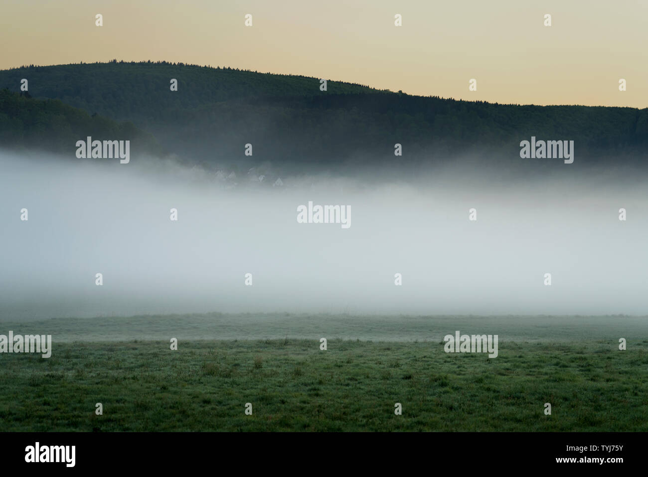 Neblige Landschaft, Blick auf Bodenfelde, Landkreis Northeim, Niedersachsen, Deutschland, Europa Stockfoto