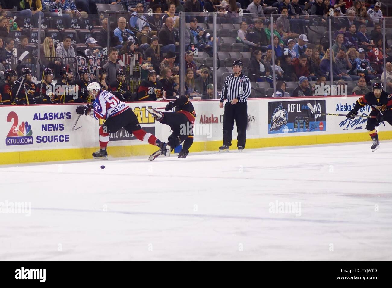 Alaska Aces defenseman Mackenze Stewart erhält das Beste von Indianapolis Kraftstoff, Kevin Lynch, November 12, 2016, an der Sullivan Arena in Anchorage, Alaska. Das Alaska Aces ECHL Hockey Team bewirtet der Indianapolis Kraftstoff während der militärischen Anerkennung spiele Nov. 9, 11 und 12 an der Sullivan Arena. Stockfoto