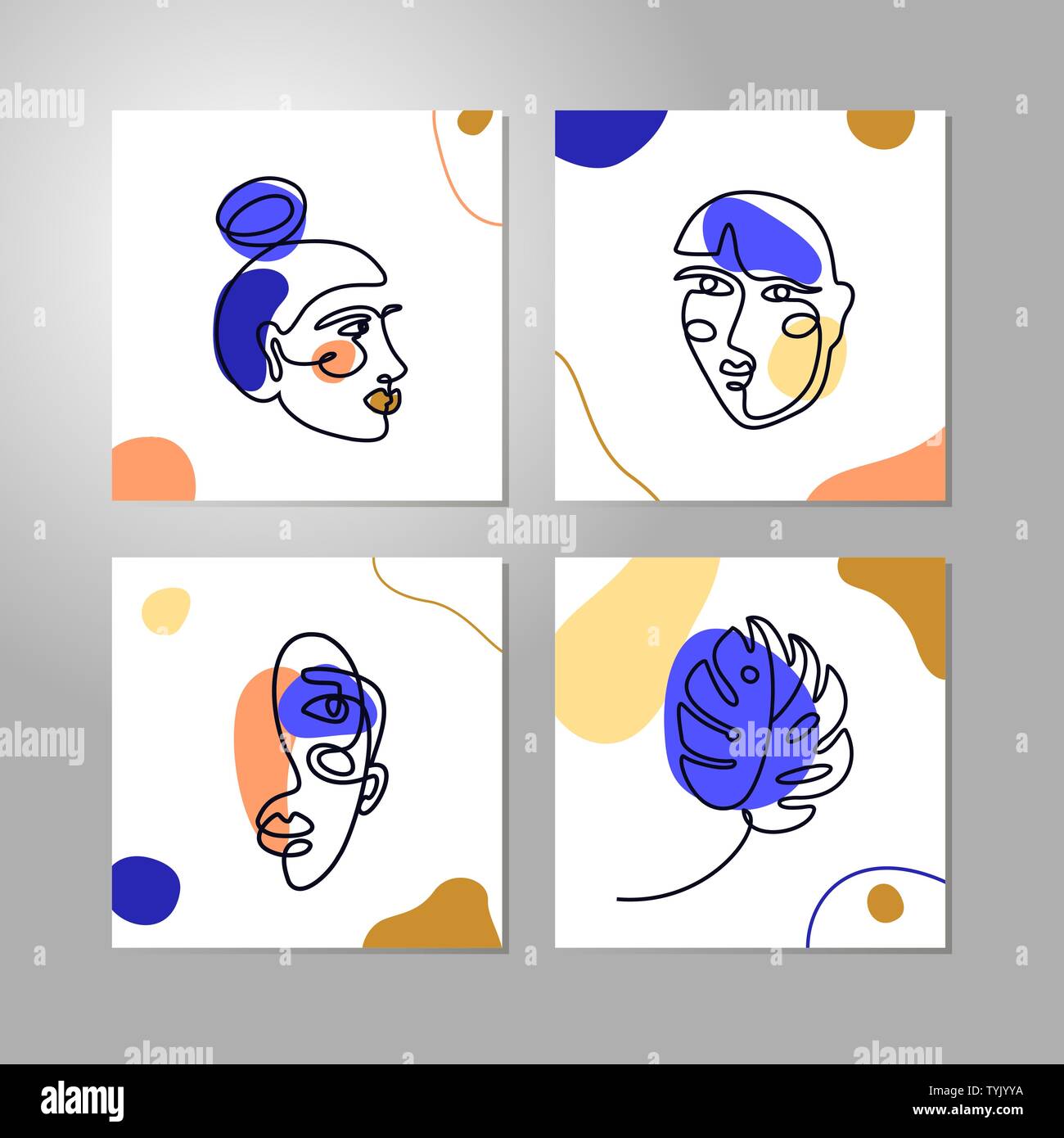 Set's Frau Gesicht Minimal Linienstil an. Kontinuierliche eine Strichzeichnung Abstract Vector weiblichen Porträt und Blatt monstera auf einem weißen Hintergrund. Vorlage Soc Stock Vektor