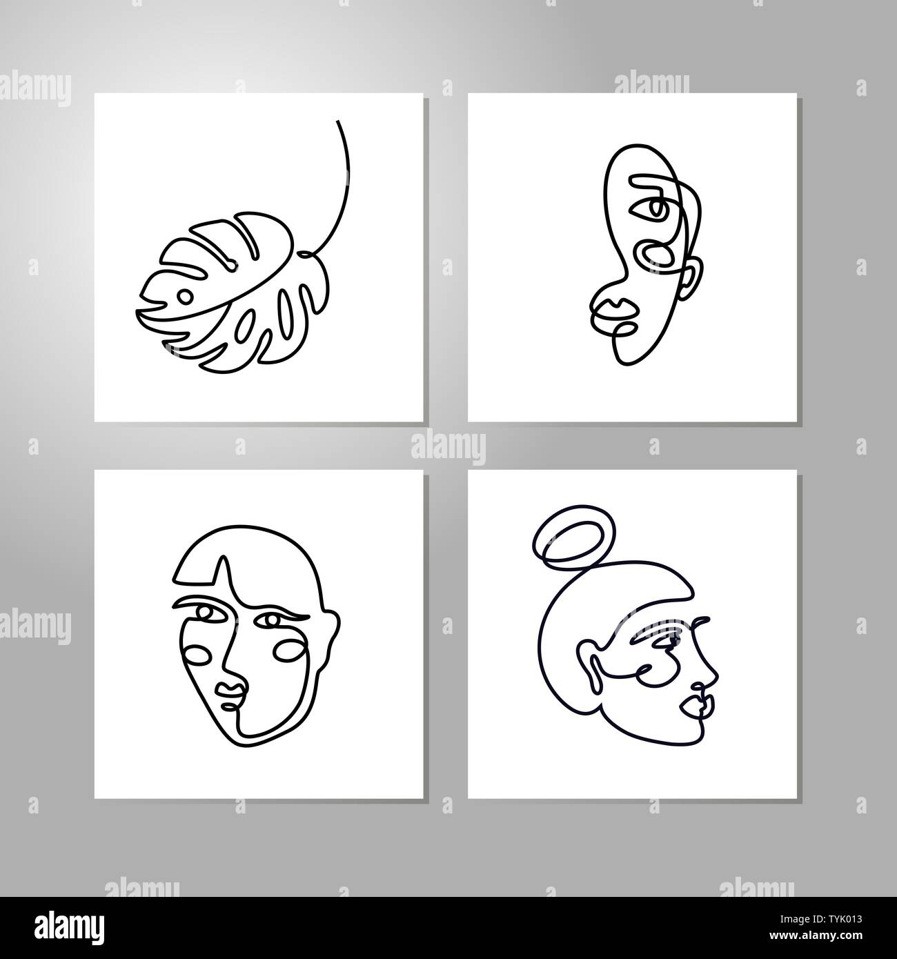 Set's Frau Gesicht Minimal Linienstil an. Kontinuierliche eine Strichzeichnung Abstract Vector weiblichen Porträt und Blatt monstera auf einem weißen Hintergrund. Vorlage Soc Stock Vektor