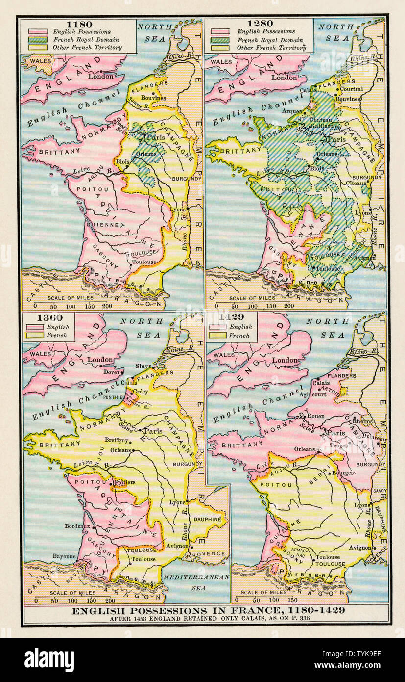 Karten der englischen Besitzungen in Frankreich, 1180-1420. Farblithographie Stockfoto