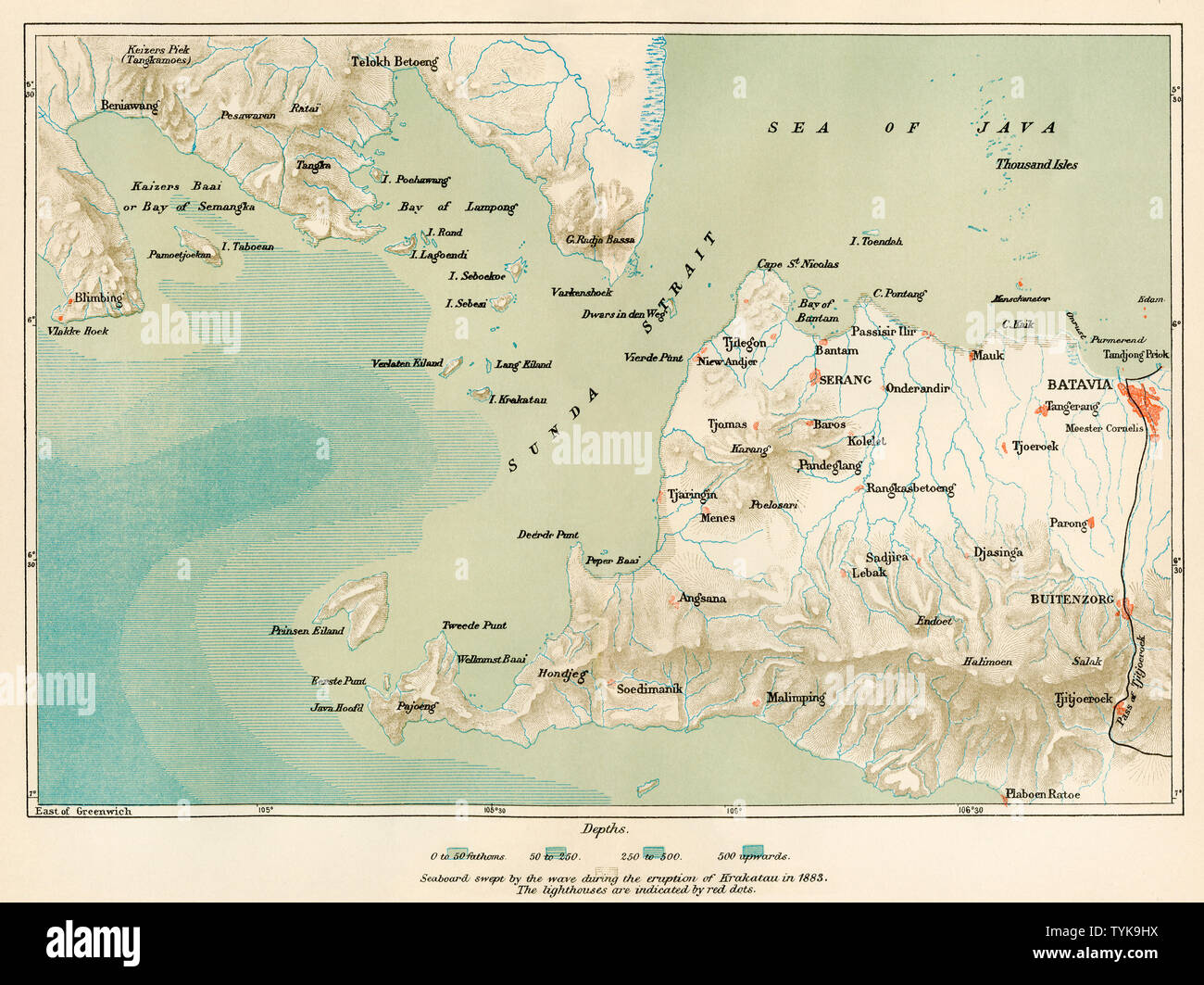 Sunda Strait, die meeresküste von Tsunami fegte nach krakatau Eruption im Jahre 1883. Farblithographie Stockfoto