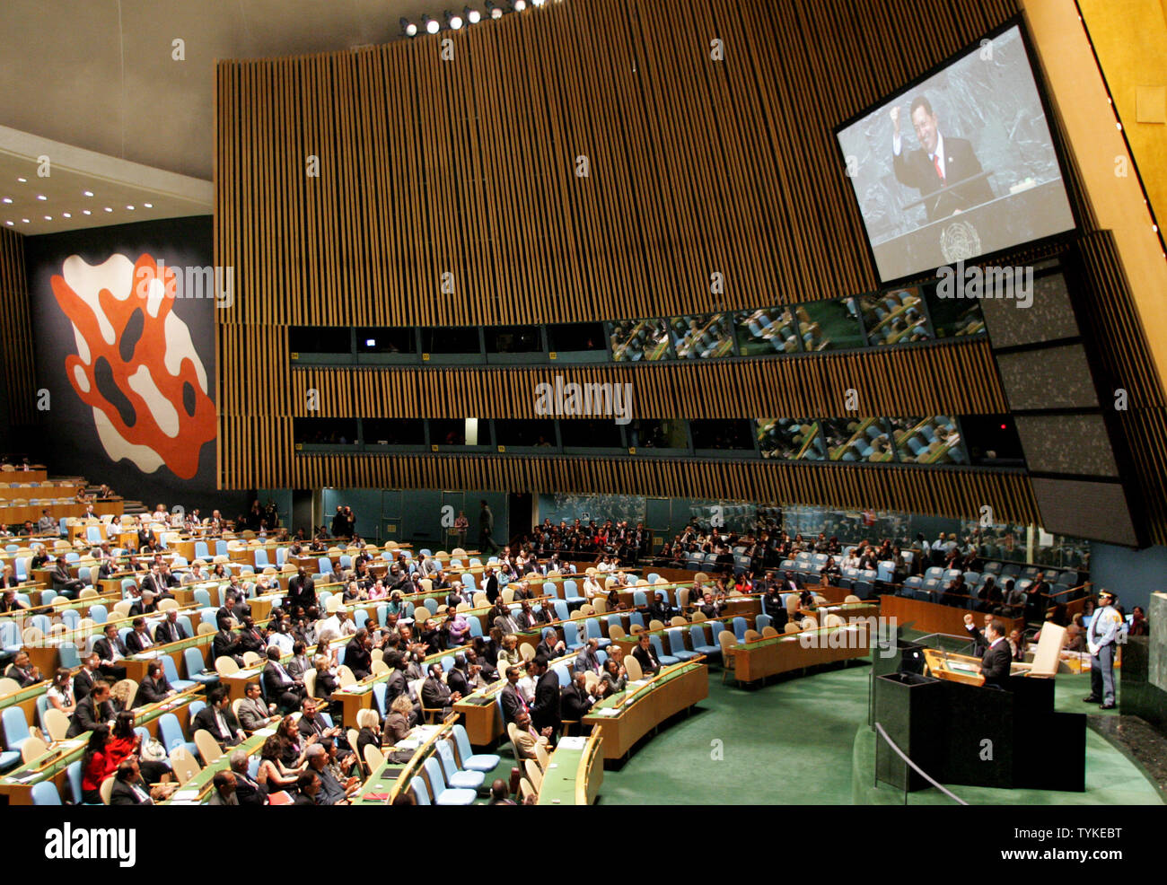 Venezuelas Präsident Hugo Chavez Frias Adressen der 64. Generalversammlung der Vereinten Nationen am 24. September 2009 in New York City. UPI/Monika Graff Stockfoto