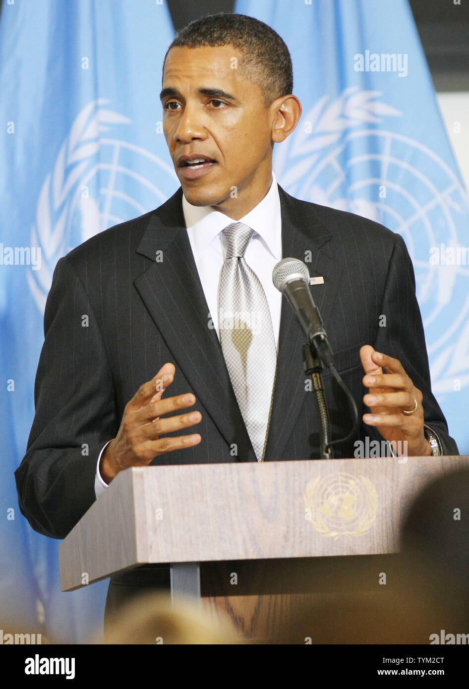 Us-Präsident Barack Obama spricht auf einer Tagung auf hoher Ebene Sudan während der 65. Tagung der Generalversammlung der Vereinten Nationen bei der UN am 24. September 2010 in New York. UPI/Monika Graff Stockfoto