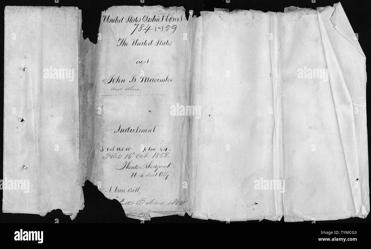 Die Vereinigten Staaten gegen John B. Macomber, Oliver Jacobson sonst Oliver Jackson, (real Name unbekannt) Jose Francisco sonst Jose Frank (real Name unbekannt), Mauricio Rodrigues anders benannte Maurice (real Name unbekannt) & John Battist anders benannte John Batteo (real Name unbekannt): Fall Decken.; Umfang und Inhalt: Der Fall, in dem das Dokument abgelegt ist, der ist Sklave Handel Strafverfahren, an denen John B. Macomber, Oliver Jacobson sonst Oliver Jackson, (real Name unbekannt) Jose Francisco sonst Jose Frank (real Name unbekannt), Mauricio Rodrigues ansonsten c Stockfoto