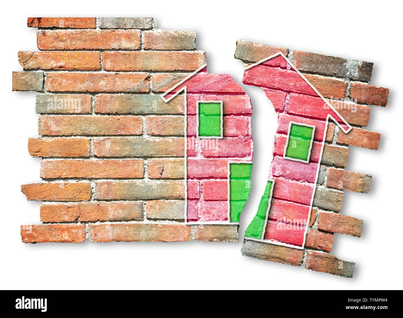 Risse im Mauerwerk mit einem farbigen Haus auf gezeichnet Es Stockfoto