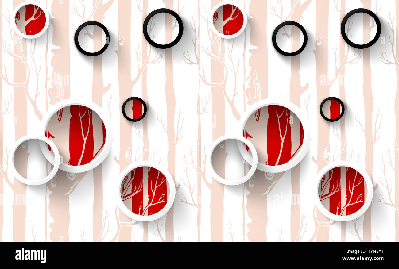 3d Wandbild Tapeten Abbildung Weiss Grun Lila Rot Ringe Mit Farbe Kreise Bemalte Baume Im Hintergrund Stockfotografie Alamy