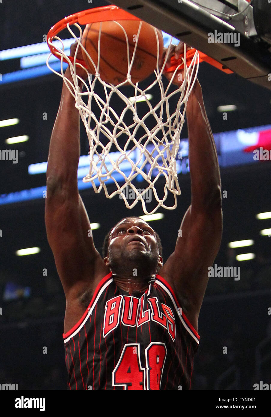 Chicago Bulls center Nazr Mohammed (48) taucht der Basketball gegen die Brooklyn Nets im ersten Quartal beim Barclays Center in New York City am 1. Februar 2013. UPI/Nicole Süße Stockfoto