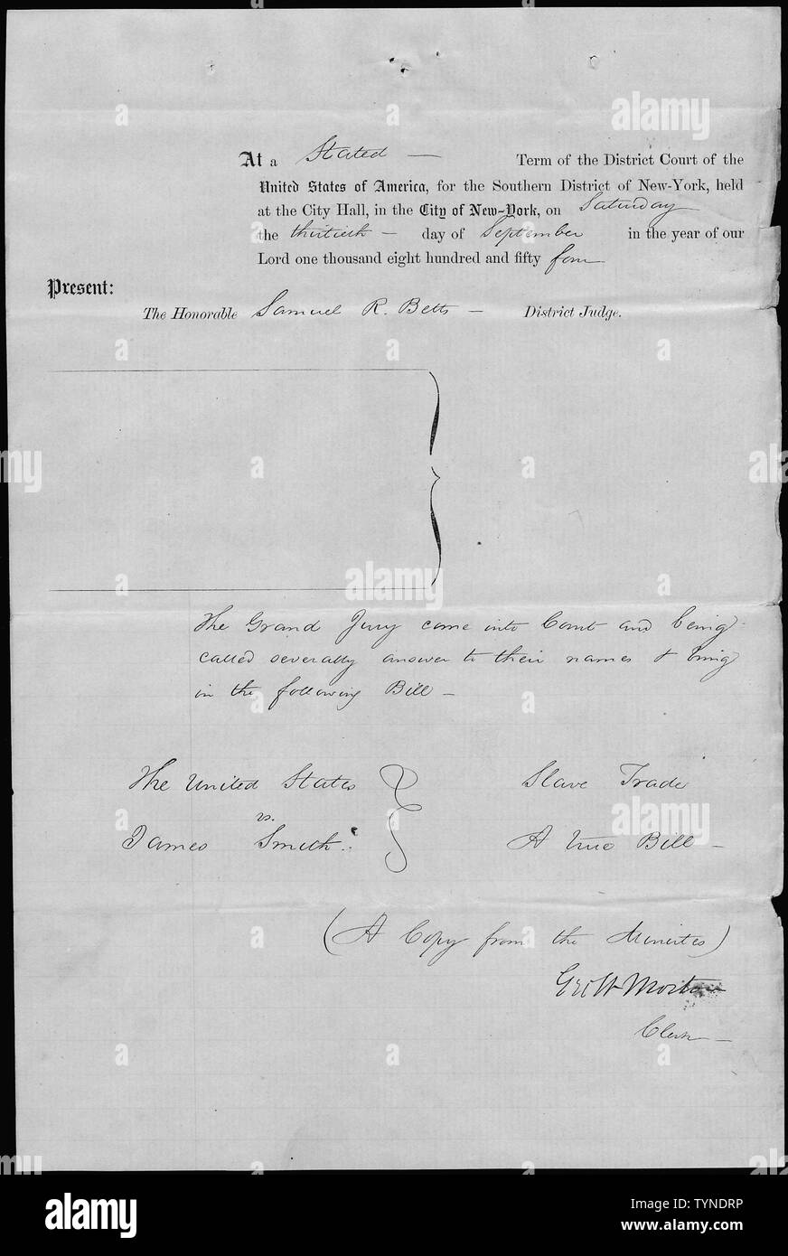 United States v. James Smith: Kopieren Sie aus dem Protokoll der Grand Jury.; Umfang und Inhalt: Der Fall, in dem das Dokument abgelegt ist, der ist Sklave Handel Strafverfahren mit James Smith. Stockfoto