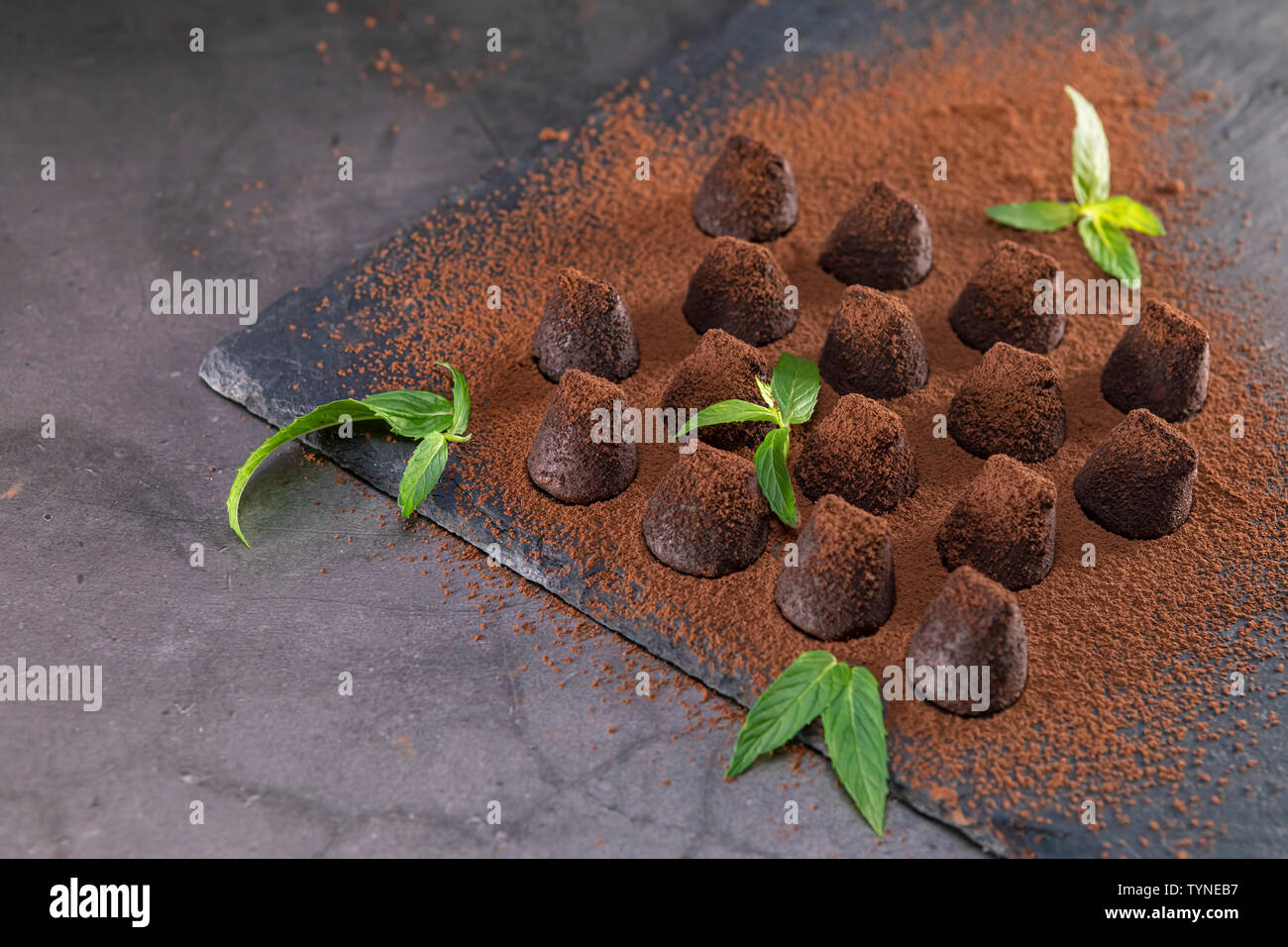 Hausgemachte Schokolade Trüffel mit Minze bestreut mit Kakaopulver auf Schiefer. Fokus auf Blatt. Stockfoto