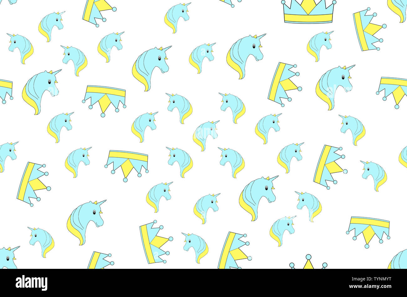 Erstaunlich nahtlose Muster mit Einhörner und Kronen in Pastell-blaue und gelbe Farbe auf weißem Hintergrund. Kinder Muster für Zimmer oder Geschenkpapier. Stockfoto