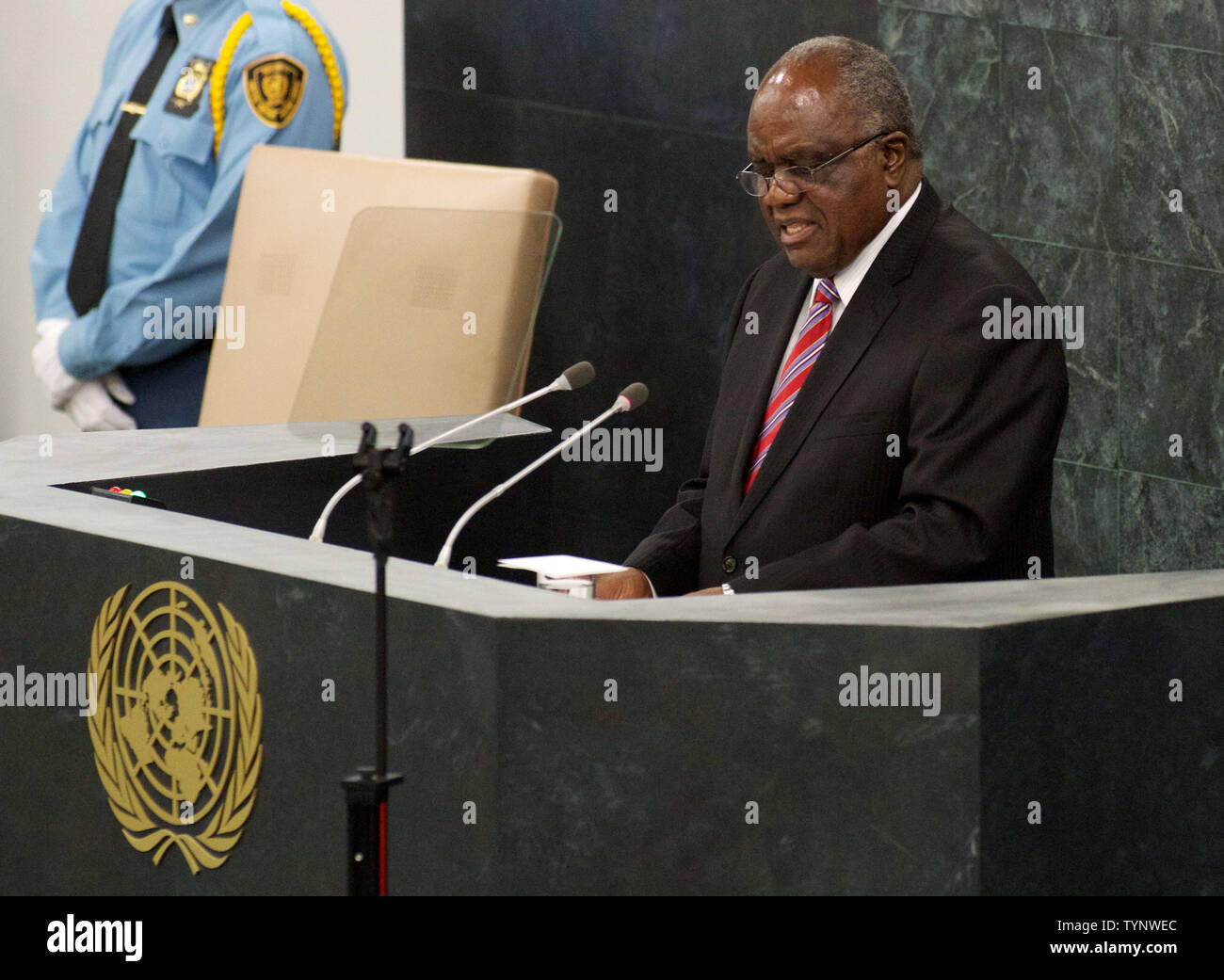 Präsidenten von Namibia Hifikepunye Pohamba Adressen der 68. Tagung der Generalversammlung der Vereinten Nationen am 26. September 2013 in New York City. UPI/Monika Graff Stockfoto