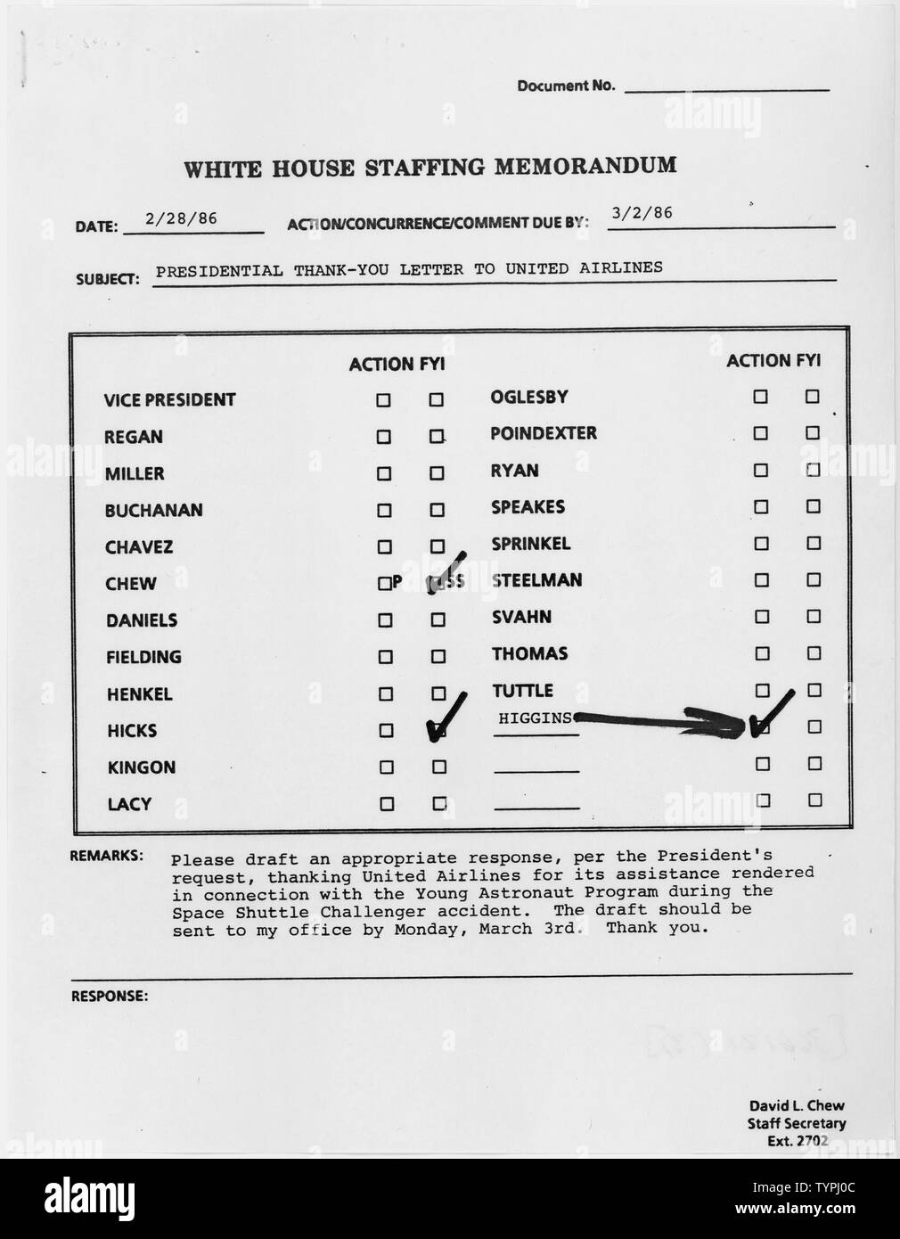 Weiße Haus Personal Memorandum, Brief von Ronald Reagan zu United Airlines in der Spur des Space Shuttle Challenger Katastrophe; Umfang und Inhalt: einsendebeleg. Fordert, dass Anne Higgins (Direktor, White House Schriftverkehr) eine Präsidiale Antwort auf Entwurf, pro Antrag des Präsidenten, die Beamten bei United Airlines für... Unterstützung in Verbindung mit der Jungen Astronauten Programm erzeugt nach dem Space Shuttle Challenger Unfall. Stockfoto