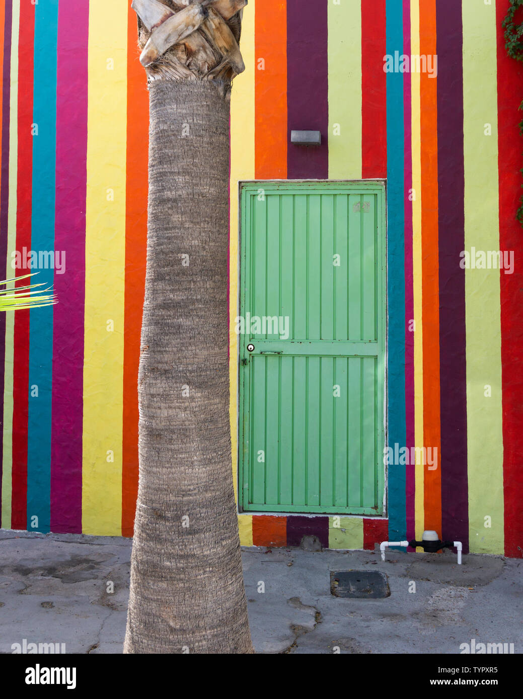 Mexikanische Haus mit bunt bemalten Streifen an der Wand mit einem grünen eiserne Tür n Mexiko und ein vor Stockfoto