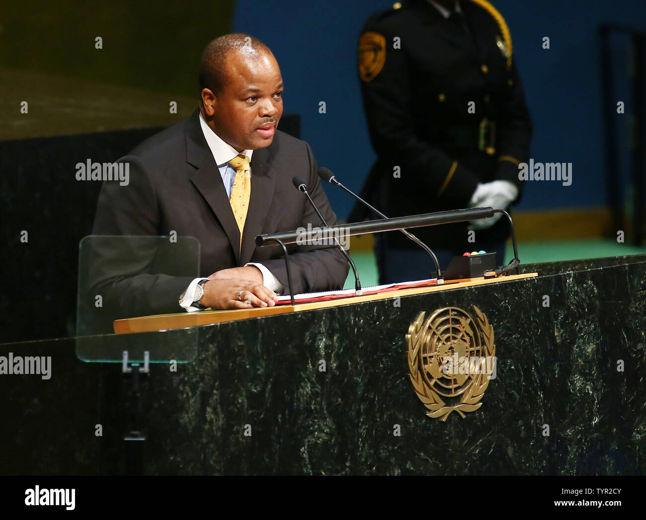 Swasiland König Mswati III Adressen der 70. Sitzung der Generaldebatte der Generalversammlung der Vereinten Nationen bei der UNO in New York City am 29. September 2015 statt. Foto von Monika Graff/UPI Stockfoto