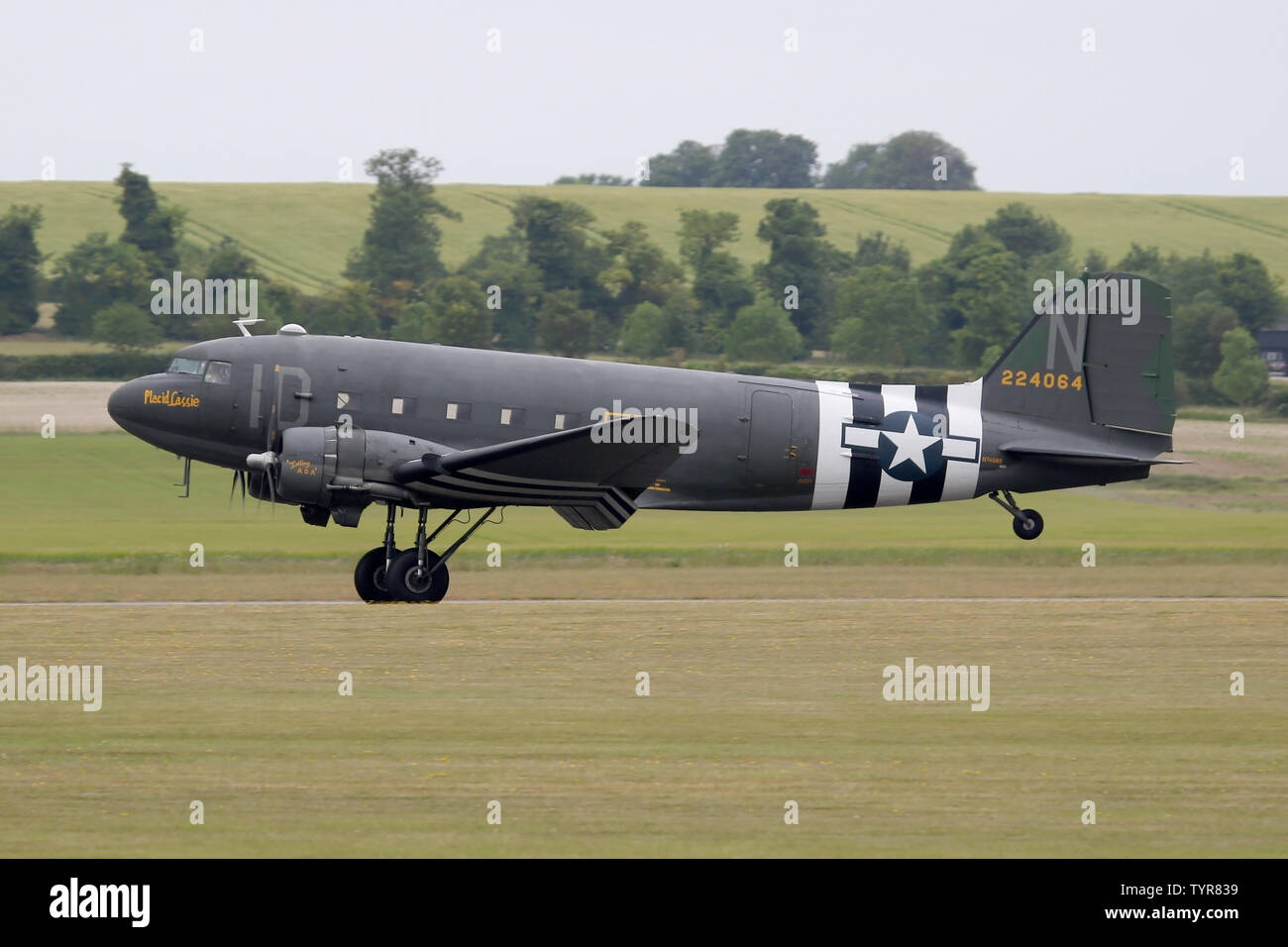 C-47 Placid Lassie in Duxford während der 75. Jahrestag der Landung in der Normandie gedenken. Stockfoto