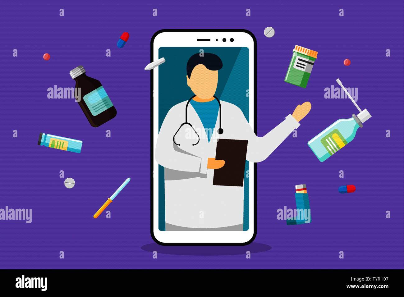 Online medizinische Internet-Beratung App. Weißer Mann Arzt mit Stethoskop und Medizin pharmazeutischen Pillen Medikamente auf mobilen Smartphone-Bildschirm. Beratungsdienst im Gesundheitswesen. Vektorgrafik flach Stock Vektor