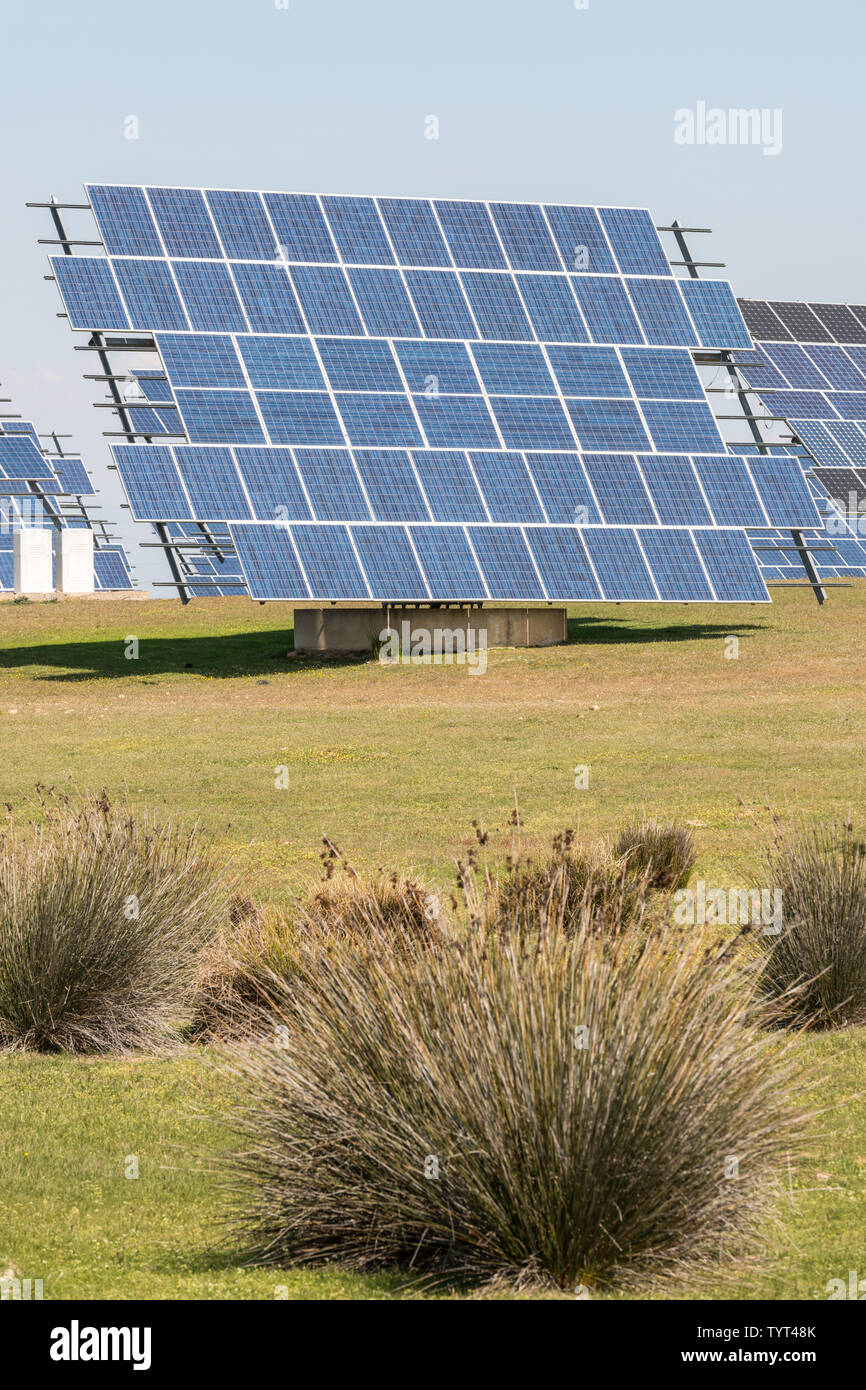 Solarzellen aus einer Photovoltaikanlage in der Nähe von Almaraz, Extremadura, Spanien Stockfoto