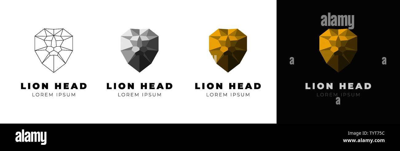 Kreative geometrische vieleckige dreieckige Lion's Head. Lineare Kontur grau gold Versionen. Vektor wildes Tier Abbildung Emblem Stock Vektor