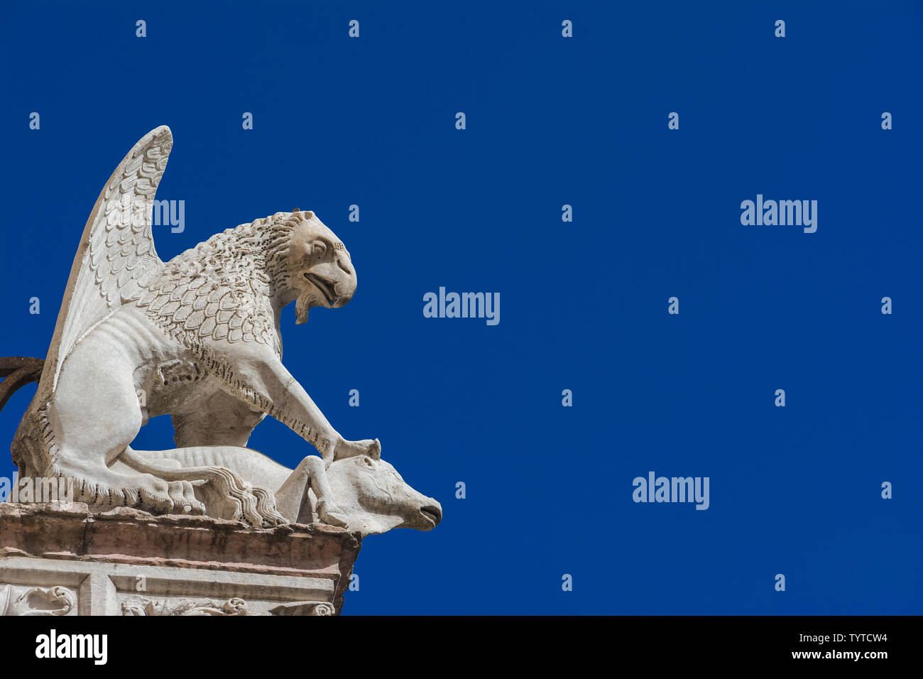 Griffon Symbol der Stadt Perugia in Umbrien. 14. jahrhundert alten mittelalterlichen Marmorstatue des mythischen Tier gegen den blauen Himmel (mit Kopie Raum) Stockfoto